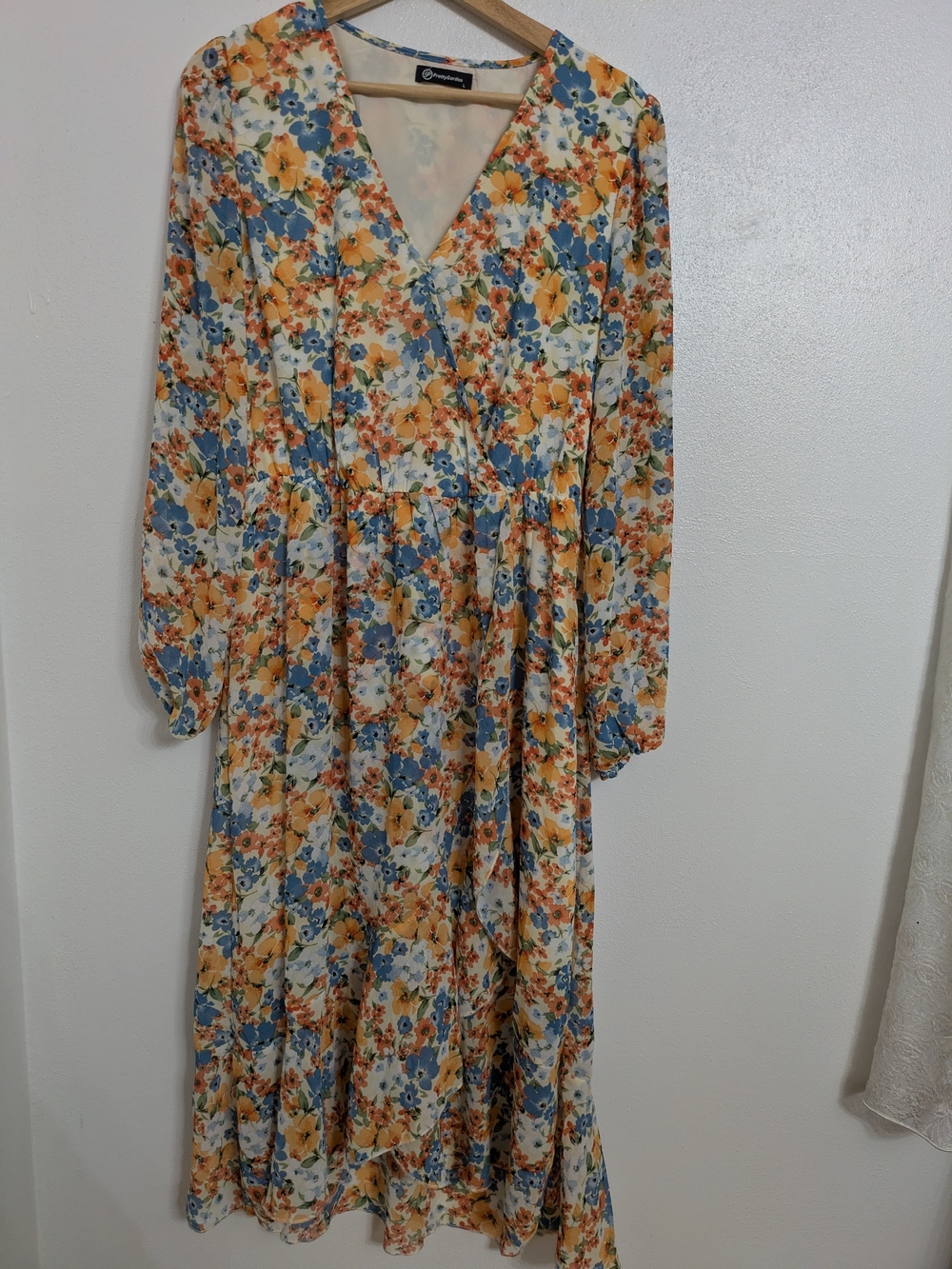 Printed V-Neck Midi Dress in Blue, Yellow & Cream — PrettyGarden